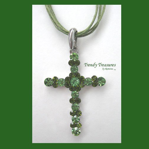 Green Swarovski Rhinestones Cross Pendant Necklace, Green Cords