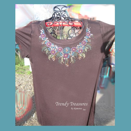 Sparkling Elegant Neckline,Lace,Bling Rhinestone Embellished T-shirt, New,Brown