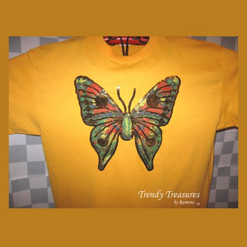 Bling Rhinestone Embellished T-shirt,New,Gold,Butterfly Design