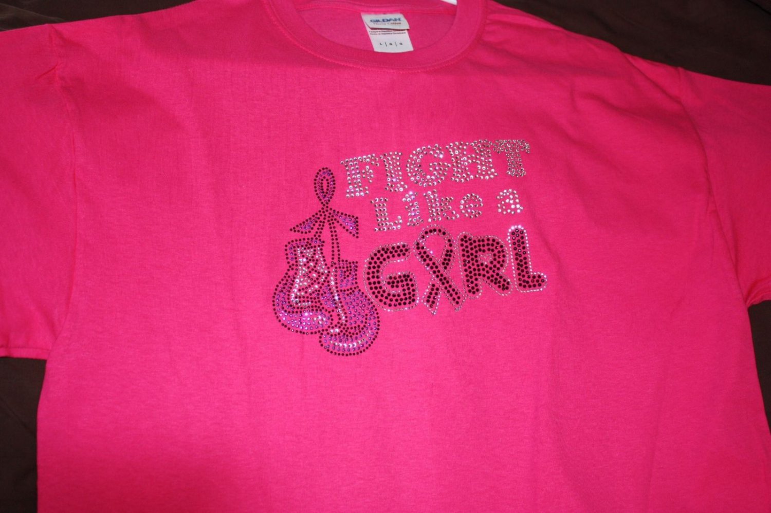 Bling Rhinestone Embellished T-shirt,New,Fight, Boxing Gloves Design, Breast Cancer