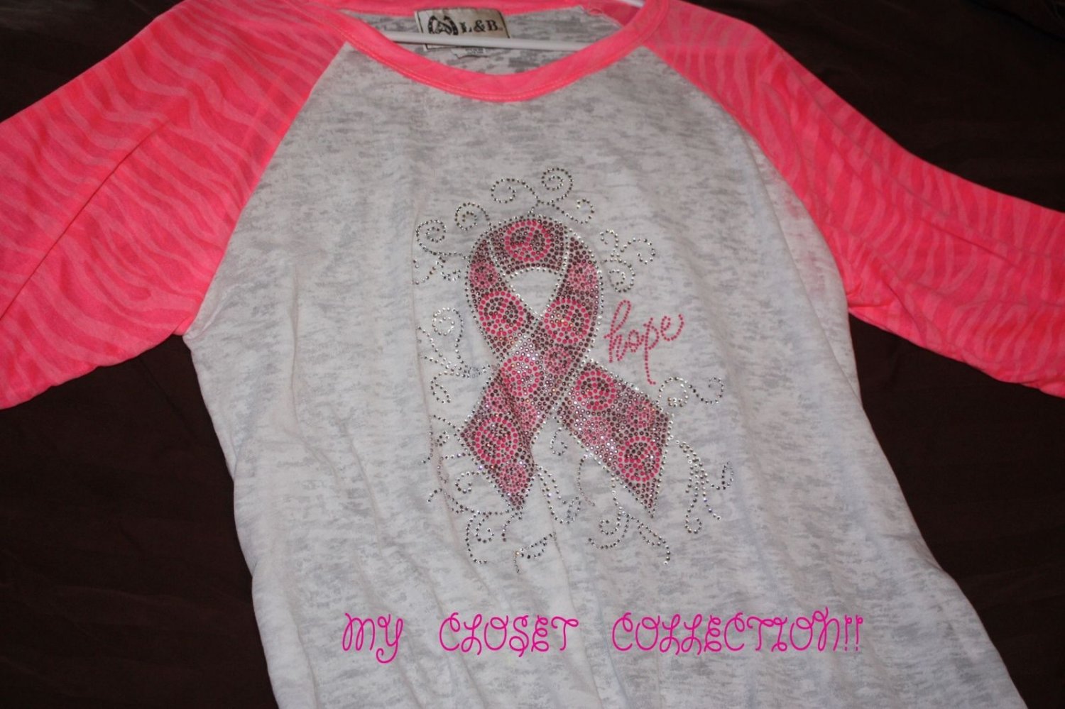 Bling Rhinestone Embellished T-shirt,New,Pink Ribbon Peace Hope Design, Breast Cancer