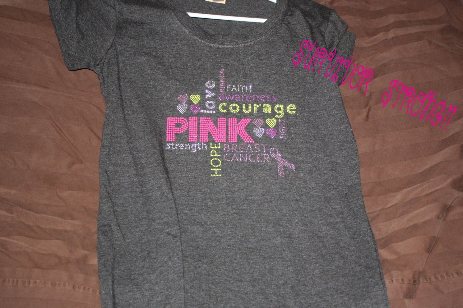 Bling Rhinestone Embellished T-shirt, "Hope Strength Love Fight Courage Ribbon", Breast Cancer