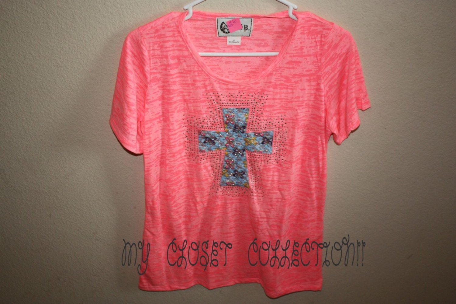 Pink Burn-Out T-shirt, Blinged-out Blue Lace Cross w Butterflies, Exclusive Design