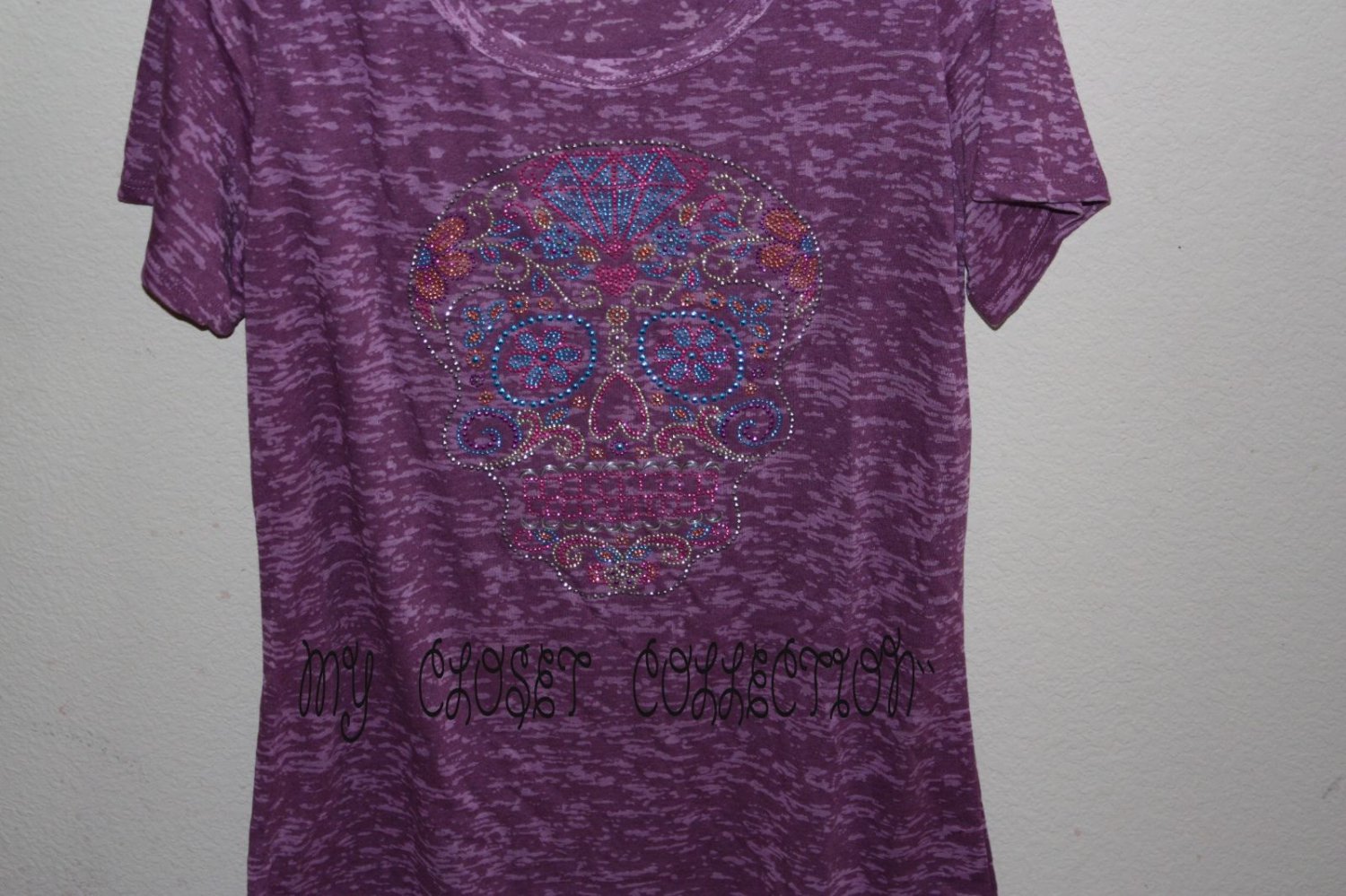 Purple Burn-Out T-shirt, Blinged-out Sugar Skull, Day of the Dead, Exclusive Design
