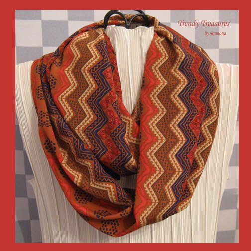 Infinity Scarf, Handmade, Beautiful Rust,Red,Navy,Ecru,ZigZag Pattern, Very Soft