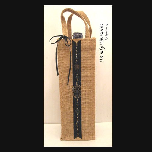 Wine Gift Bag, Hand-decorated, Black Jewels, Heavy-duty Jute, Strong Handles
