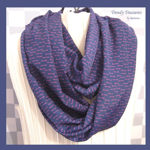 Infinity Scarf, Handmade, Beautiful Dark Blue, Purple Key Pattern, Very Soft