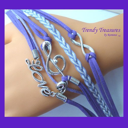 Purple Infinity Bracelet,LOVE word, Music Note with Skull, Silver, #TrendyTreasuresByRamona