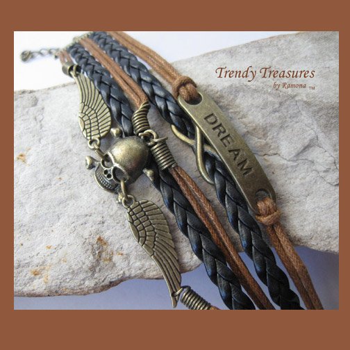 Brown & Black Infinity Bracelet,Wings,Skull,Dream,Antique Brass, #TrendyTreasuresByRamona