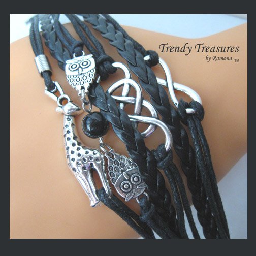 Black & Silver Infinity Bracelet,Giraffe,Owls Charms,#TrendyTreasuresByRamona