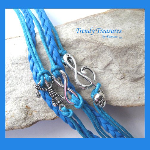 Blue Infinity Bracelet, Anchor, Music Note with Skull, Silver, #TrendyTreasuresByRamona