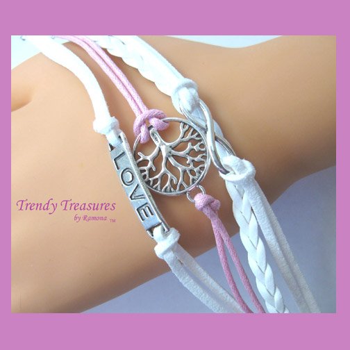 Pink & White Infinity Bracelet, Love Charm, Fertility Tree, Silver, #TrendyTreasuresByRamona