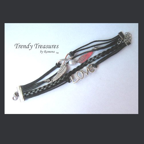 Black & Silver Infinity Bracelet,Love Charm,Wings,Pearl,#TrendyTreasuresByRamona