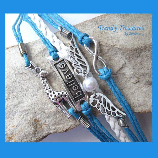 Blue Infinity Bracelet, Believe, Giraffe, Wings, Glass Pearl, #TrendyTreasuresByRamona