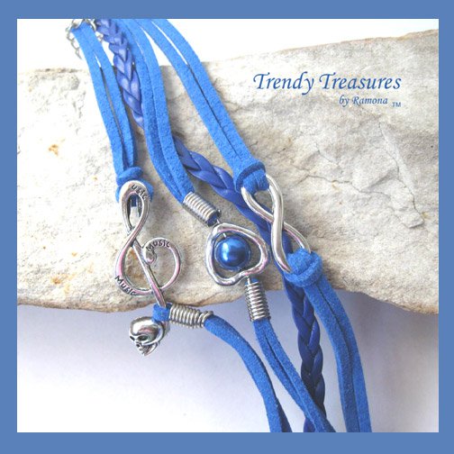Blue Infinity Bracelet, Heart with Pearl, Music Note with Skull, Silver, #TrendyTreasuresByRamona