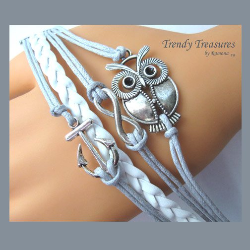 White,Silver Infinity Bracelet,Anchor,Owl Charms, #TrendyTreasuresByRamona