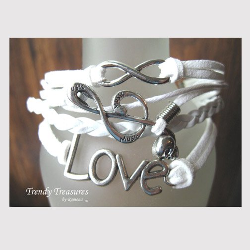 White Infinity Bracelet,Love word, Music Note, Skull, Silver, #TrendyTreasuresByRamona