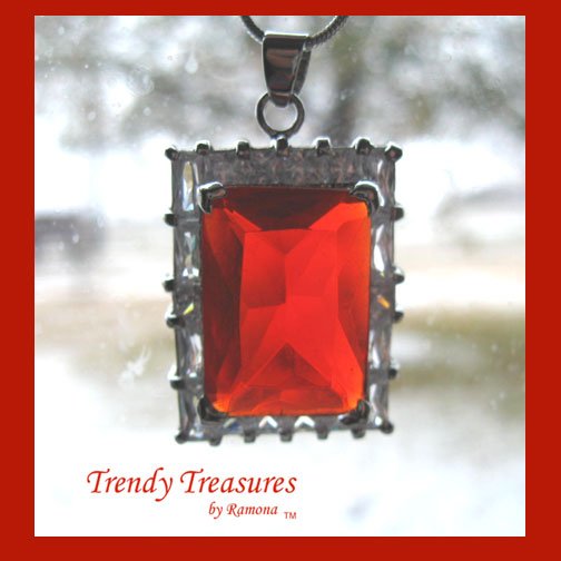 Bright Red Faceted Crystal Pendant,Prom,Sterling Silver Chain, Rhinestones