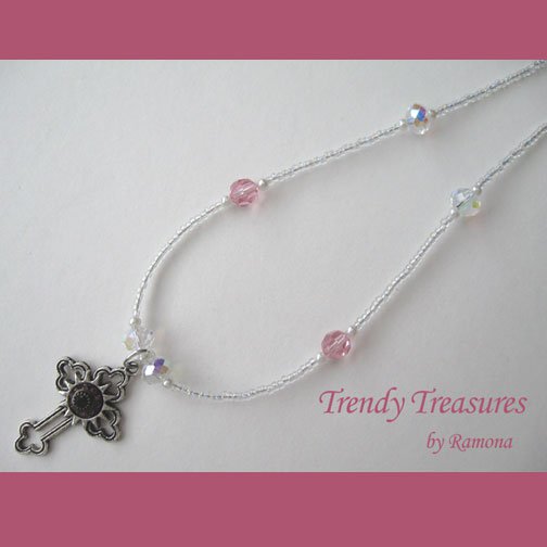 Vintage Cross Pendant Necklace,Earrings,Pink Rhinestones,Clear Crystals, Artisan Design