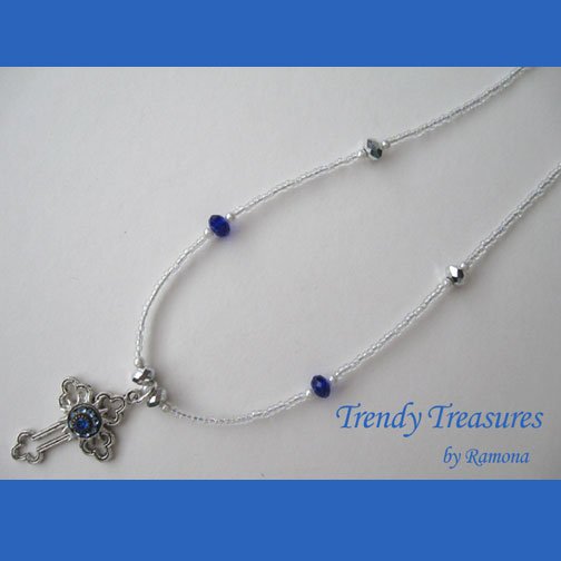 Vintage Cross Pendant Necklace,Earrings,Blue Rhinestones,Clear Crystals, Artisan Design