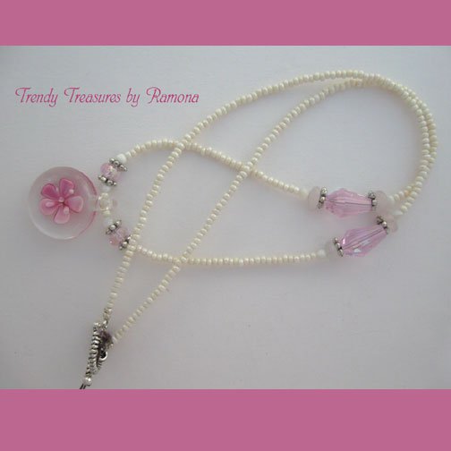 Pink Flower Glass Pendant on Beaded Necklace, Crystals, OOAK