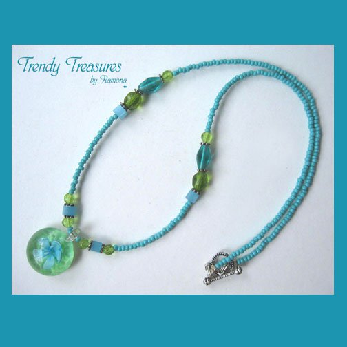Green Flower Glass Pendant on Beaded Necklace, Crystals, #TrendyTreasuresByRamona