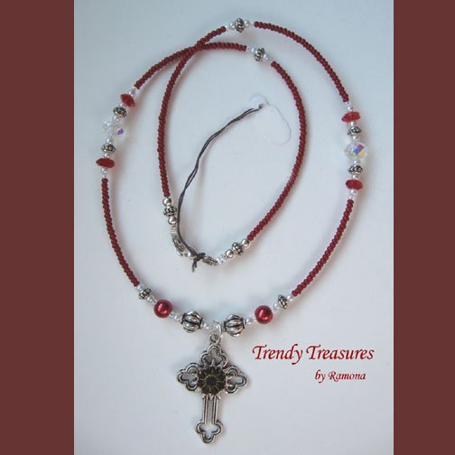 Vintage Cross Pendant Necklace,Red Rhinestones,Clear & Red Crystals, Artisan Design