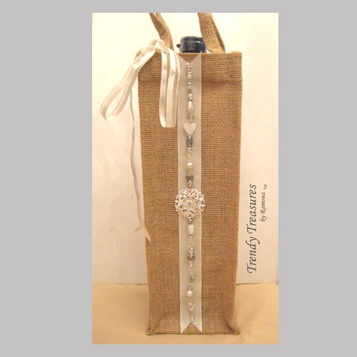 Wine Gift Bag, Hand-decorated, White Jewels, Heavy-duty Jute, Strong Handles