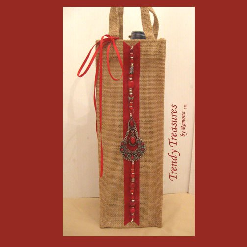 Wine Gift Bag, Hand-decorated, Red Jewels, Heavy-duty Jute, Strong Handles