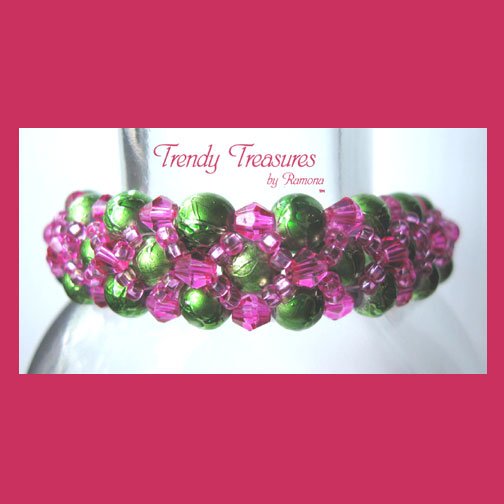 Lime Green Pearls & Crystals Woven Bracelet,Mother's Day Special,#TrendyTreasuresByRamona
