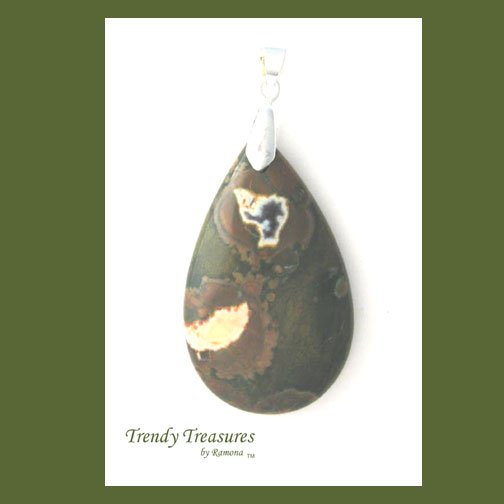 Ryolite Rainforest Jasper Teardrop Pendant, Polished Gemstone, #TrendyTreasuresByRamona