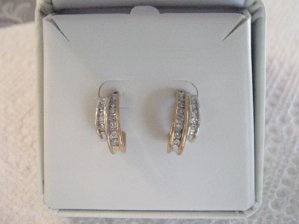 White & Yellow Gold Diamond Channel Set Earrings 10 kt NEW