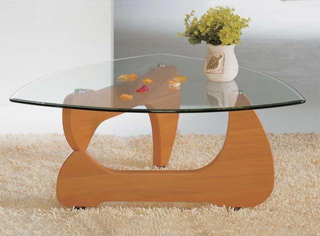 Noguchi style coffee table cherry finish (triangular-shaped glas