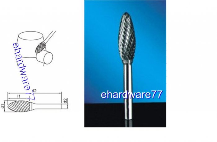 CARBIDE BURR - Flame 6mm Shank x 12mm Dia. x 32mm Cut L