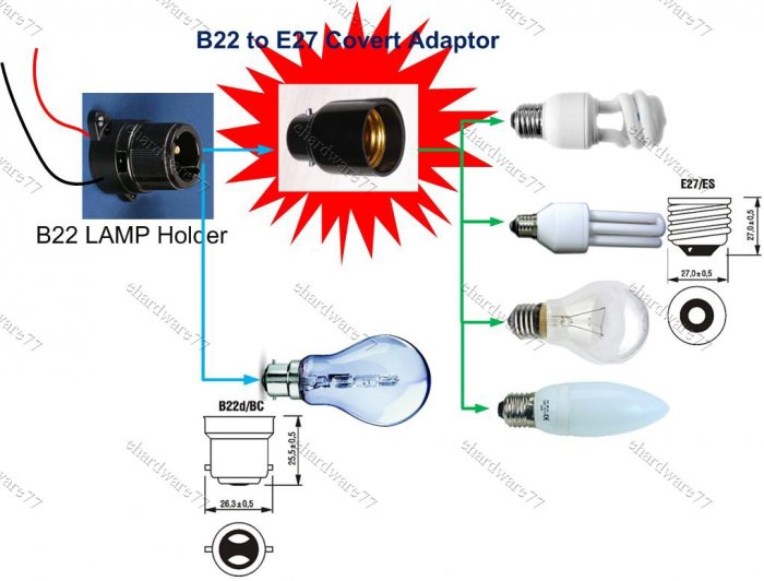 B22 to E27 Lamp Holder Adaptor Socket-Convert Pin Type Bulb to Screw Type Bulb (HOSE222)