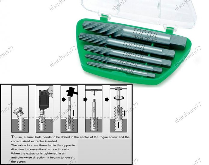 TOPTUL 5pcs Coarse Twist Screw Extractor Set (7/64"-19/16") (JGAW0502)