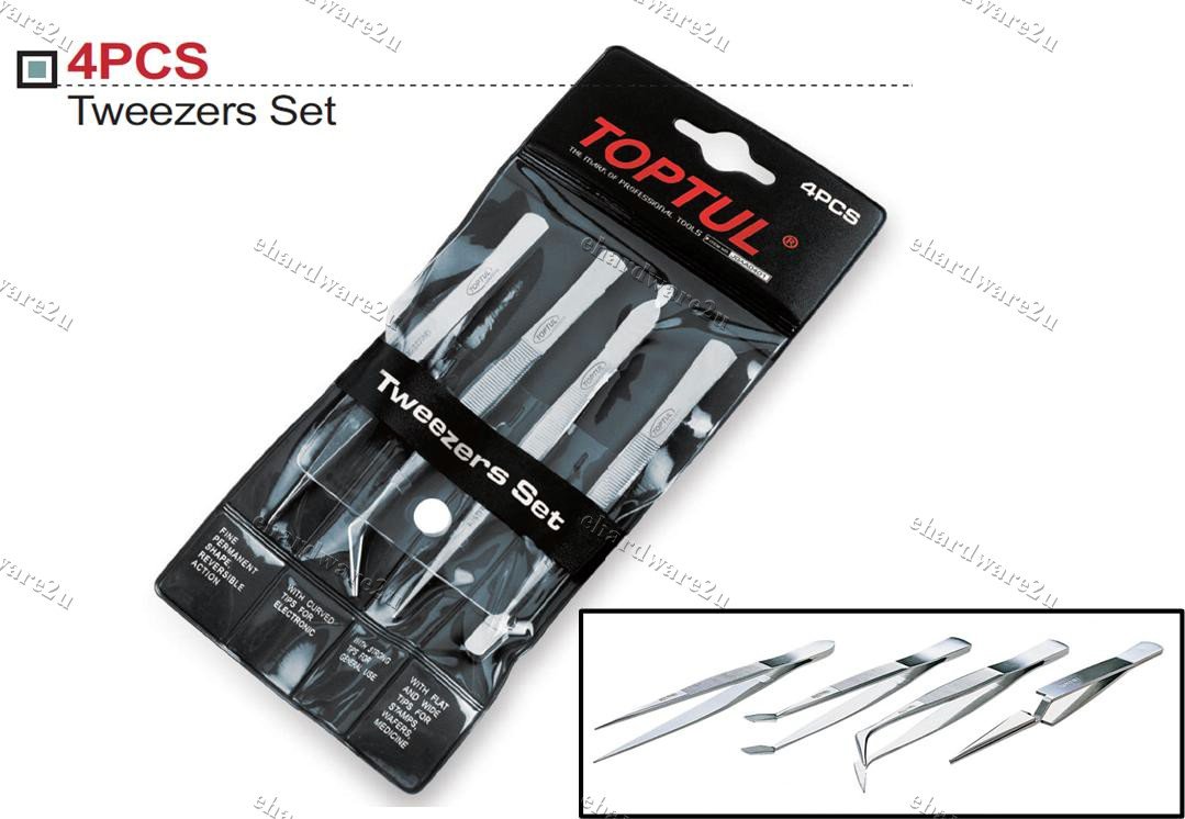 Toptul 4-Pieces Stainless Steel Tweezer Set (JGAA0401)