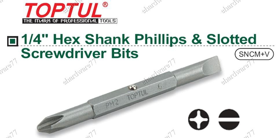 TOPTUL 1/4" Hex Shank Double End Phillips PH2 & Slotted 6mm Bit (FKAA0206)