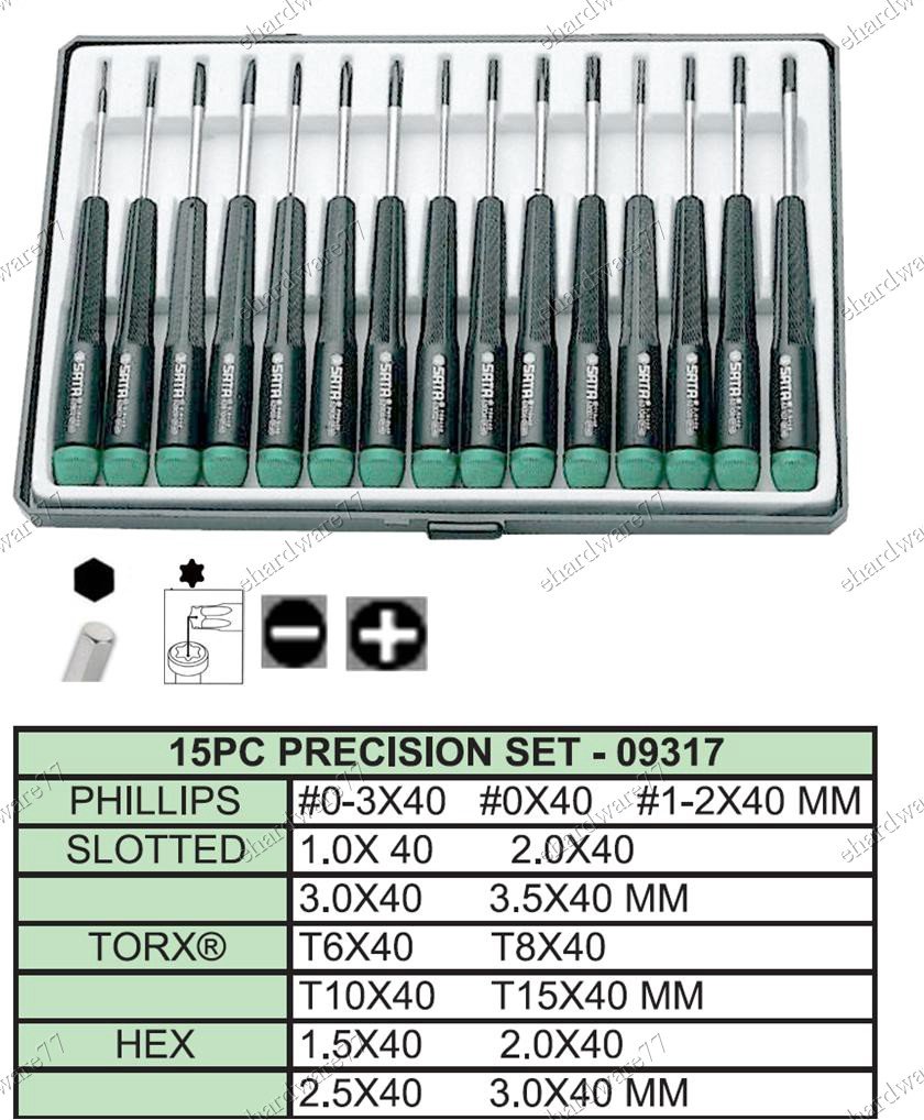 SATA 15pcs Precision Hex, Torx, + - Screwdriver Set (09317)