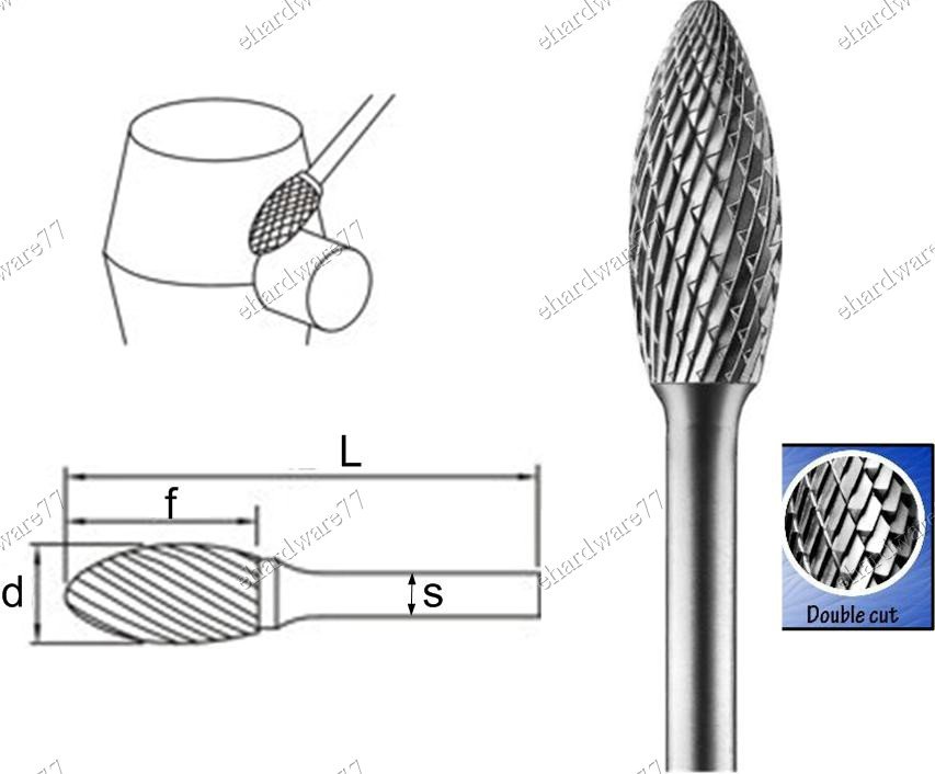 EXTRA LONG TUNGSTEN CARBBIDE BURRS FLAME 6MM Shank 12X32X182mmL (RH1232182)