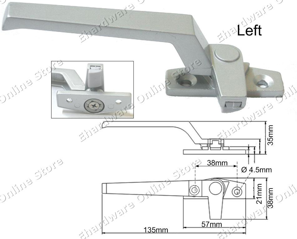 Window Casement Handle Grey 38mm (Left) (WH38SL)