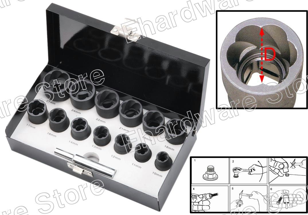 14Pieces 1/2"DR Twist Socket Set Removes Damaged Screws & Bolts 10-27mm (1321ES)
