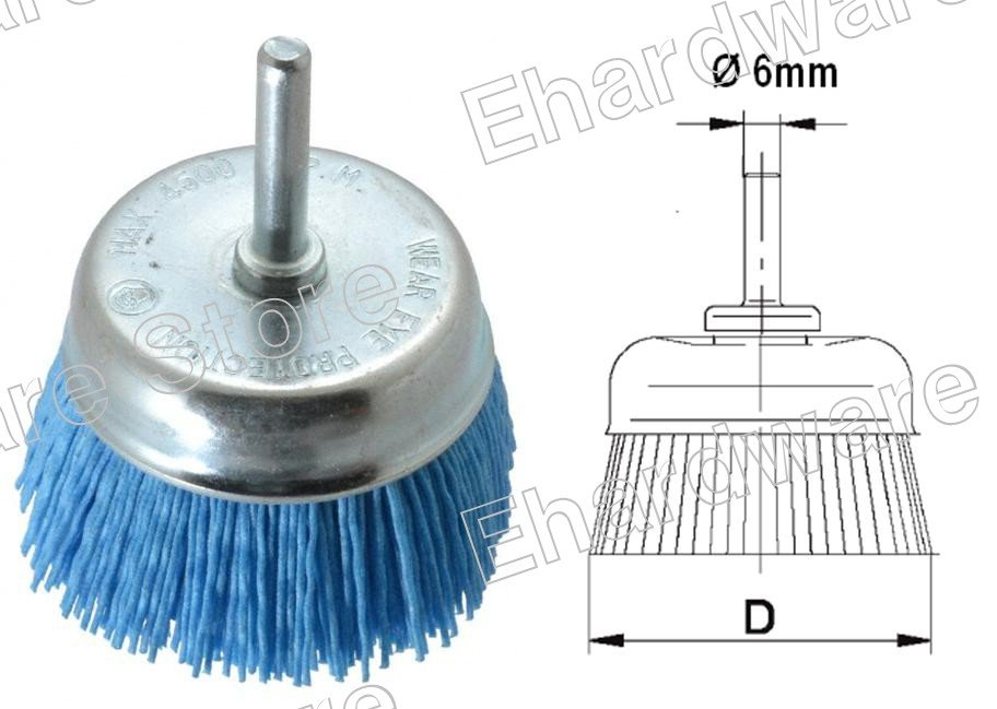 ABRASIVE NYLON BRISTLE CUP BRUSH WITH 6MM SHANK 50MM (HNSCB50)