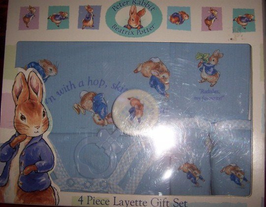 Peter Rabbit 4 Piece Layette Gift Set Boy Rattle Bib