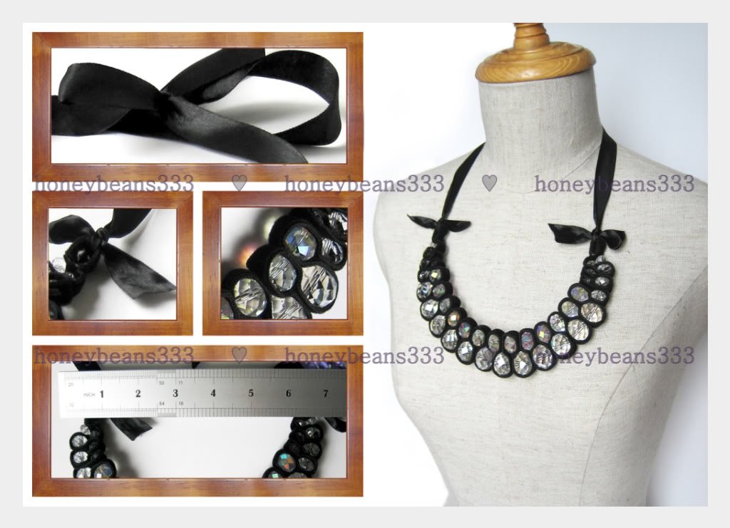 Handmade Statement Crystal Beads Ribbon Bib Necklace V5