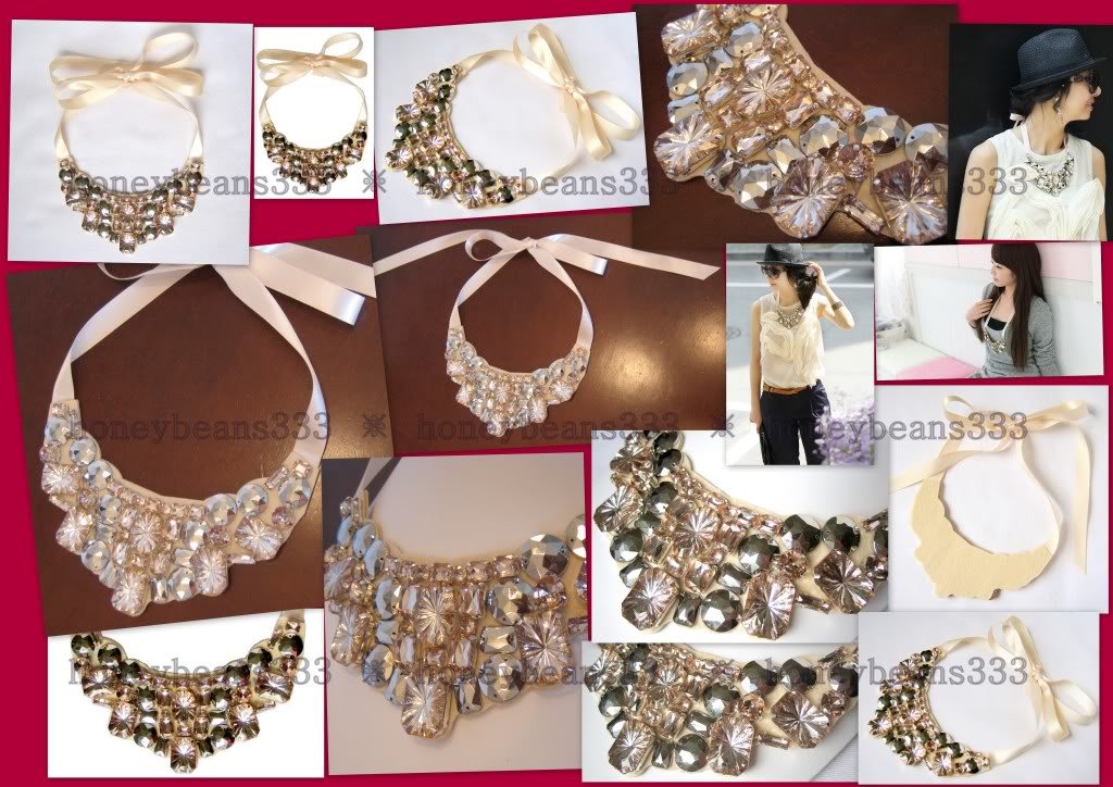 New Handcrafted Beige Rhinestone Ribbon Bib Necklace 61