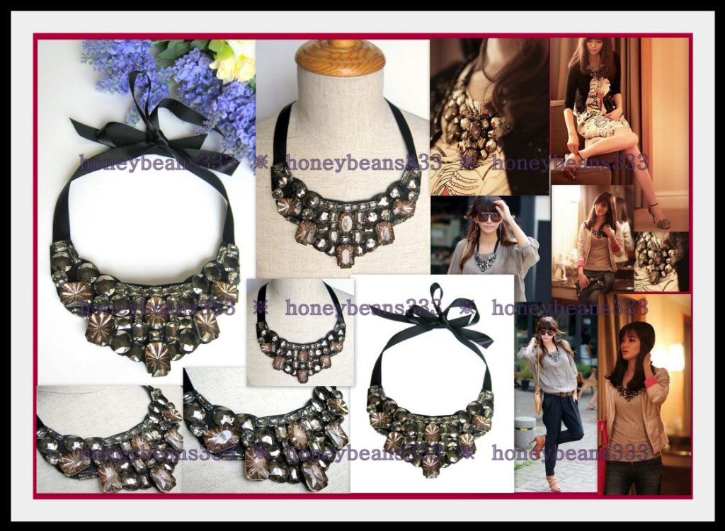 Pretty Black Toffee Rhinestone Ribbon Bib Necklace 81