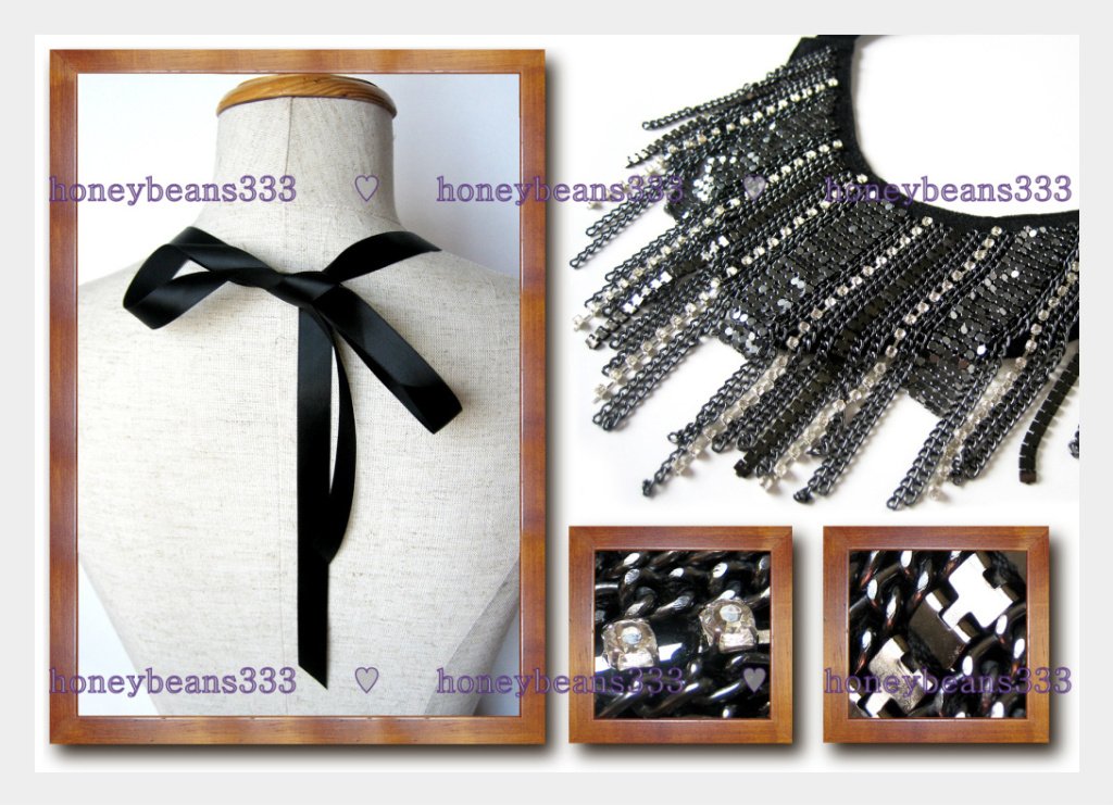 Black Rhinestones Ribbon Tassel Fringe Bib Necklace 056