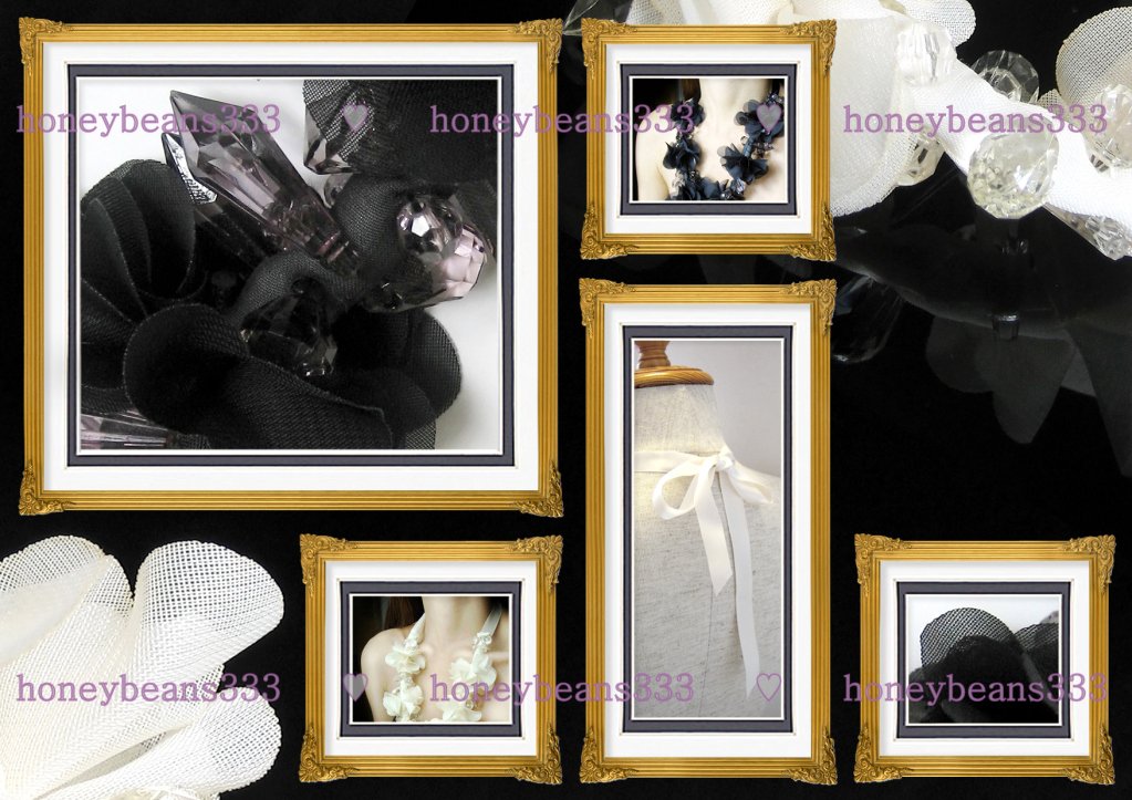 Chiffon Flower BLACK BEIGE Crystal Ribbon Necklace V10