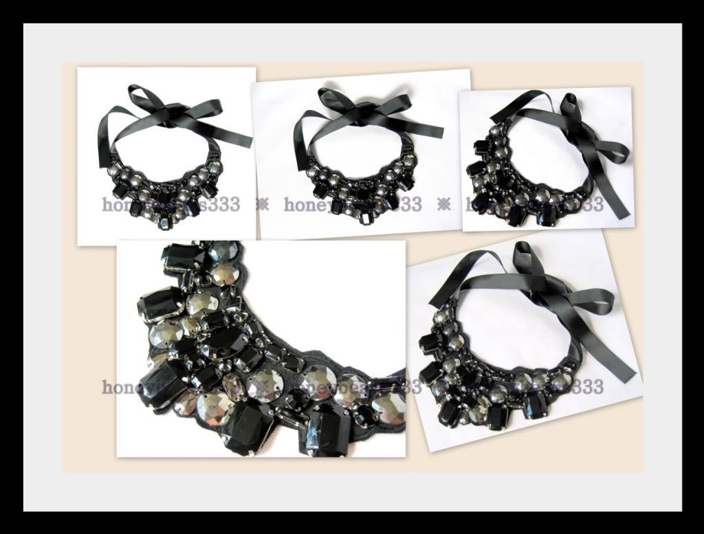 New Handcrafted Black Faux Onyx Ribbon Bib Necklace 060